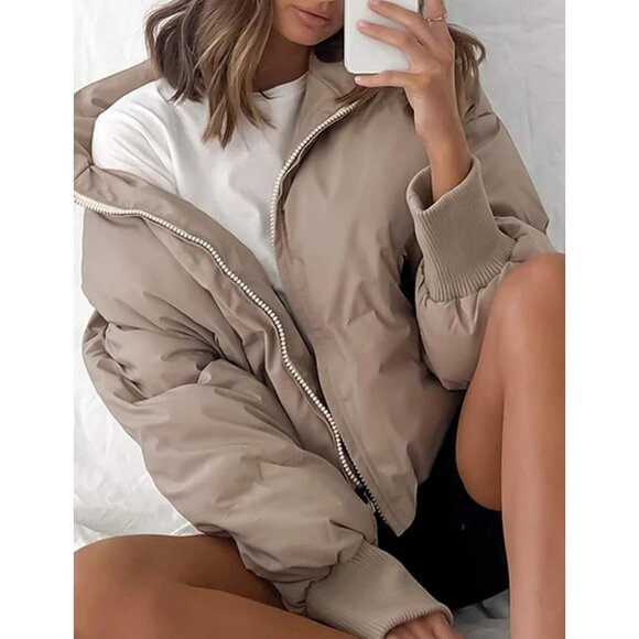 Women's Puffer Jacket Oversized Cropped Puffy Quilted Winter Jackets Coat Khaki - Picture 7 of 8